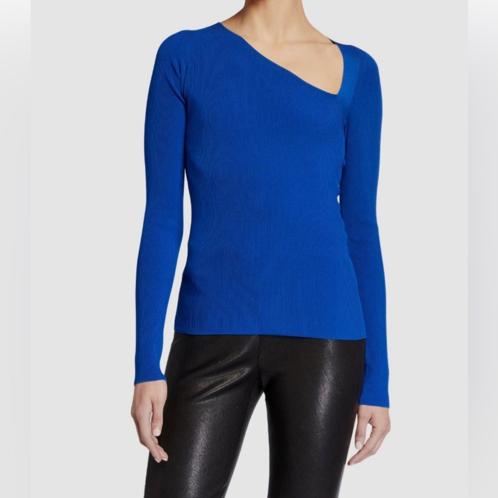 Helmut Lang Electric Blue Asymmetric Neck Ribbed Long-Sleeve Top